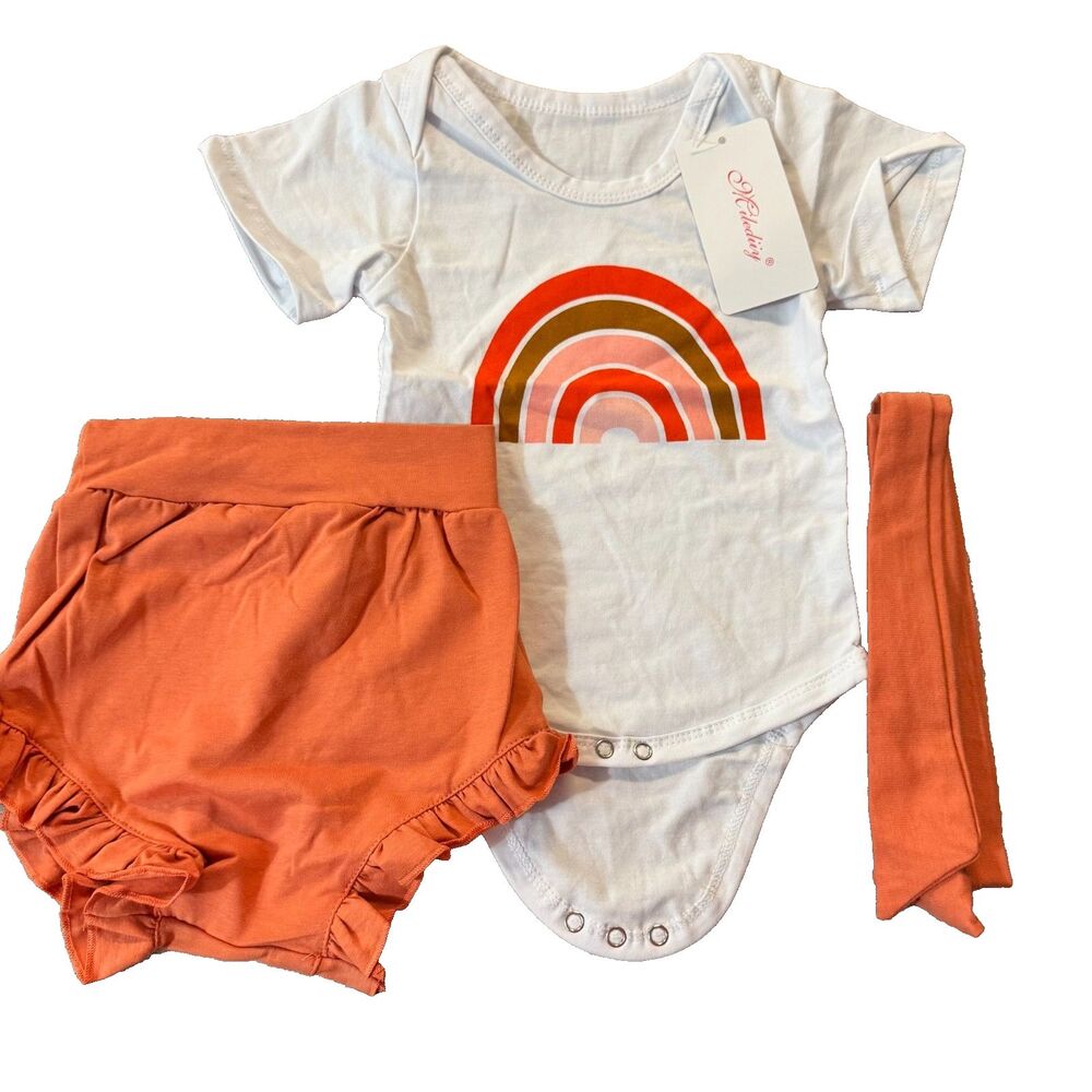 Milediiy Baby Girl 3 Piece Outfit Set Rainbow Bodysuit Ruffled Shorts Headband
